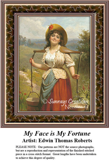 A woman wearing a hat and a traditional outfit stands in a sunlit landscape, framed as a counted cross stitch chart.