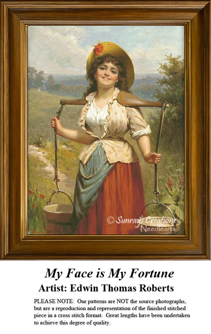 A detailed counted cross-stitch pattern preview of Edwin Thomas Roberts' oil painting, "My Face is My Fortune." The chart depicts a charming and expressive young country maiden looking out with a playful, knowing glance. The design beautifully reproduces the soft lighting, intricate textures of her traditional rustic clothing, and the warm, narrative atmosphere of the original Victorian canvas.