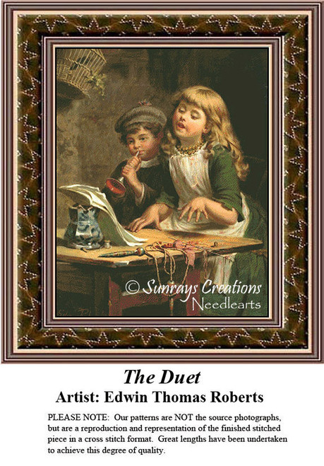 A girl sings while a boy plays a flute, both engaged in joy, come to life as a counted cross stitch design by Edwin Thomas Roberts.