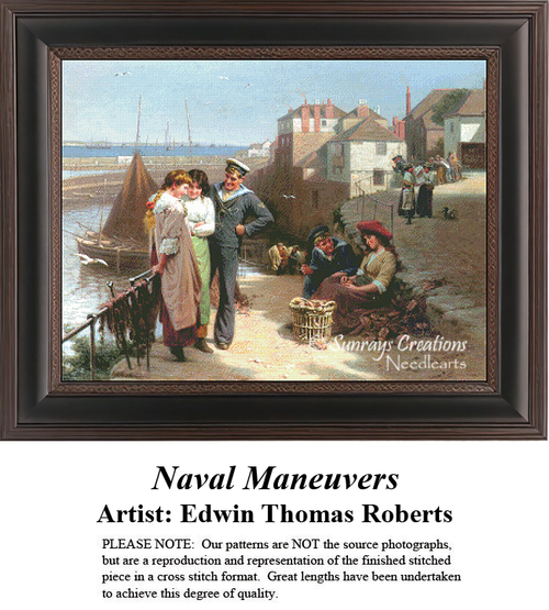 A sailor stands with two women near a harbor, a scene immortalized as a counted cross stitch pattern by artist Edwin Thomas Roberts.
