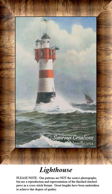 A lighthouse stands tall against crashing waves, surrounded by rolling clouds in this cross stitch pattern designed for nautical enthusiasts.