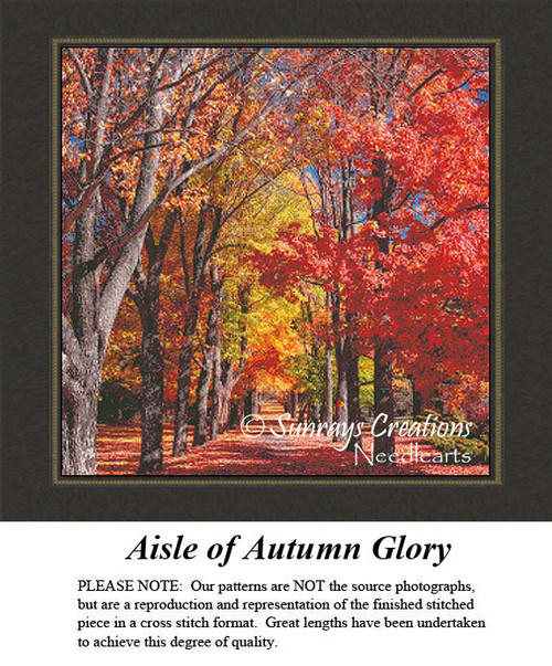 A path lined with colorful trees arches overhead, their autumn leaves forming a vibrant canopy in this xstitch kit titled Aisle of Autumn Glory.