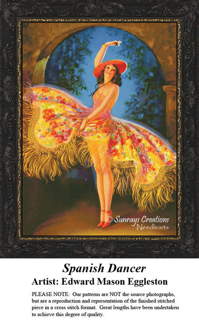 A woman in a vibrant Spanish costume dances joyfully, her red hat contrasting with her colorful dress, come to life as a counted cross stitch design.