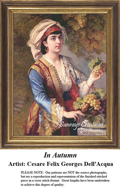 A dark-haired woman dressed in oriental attire stands in a vineyard selecting grapes, designed as a counted cross stitch pattern, perfect for your.