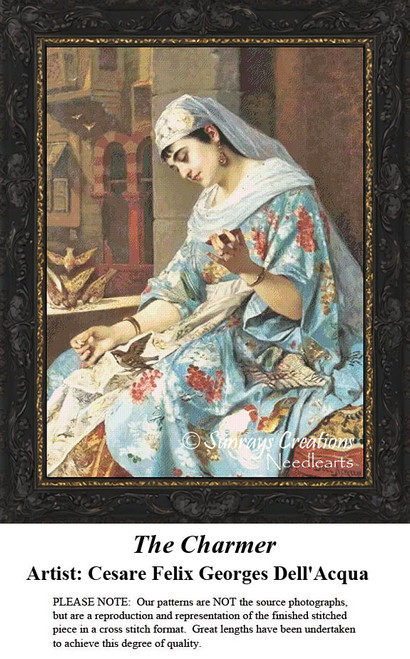 A woman sits by a window, feeding a small bird from a bowl, available as a counted cross stitch pattern by Cesare Felix Georges Dell'Acqua.