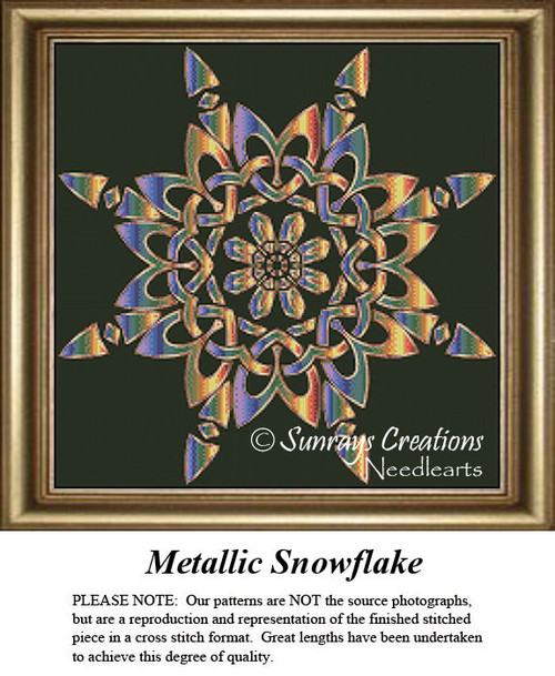 A fractal design named Metallic Snowflake, featuring a shimmering pattern in blue, gold, green, and purple, presented as a PDF chart for cross stitch.