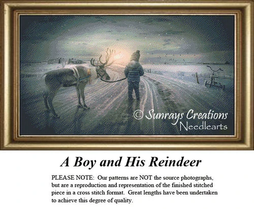 A boy walks with his reindeer along a snow-covered country road under a softly glowing nighttime sky in this cross stitch digital file.