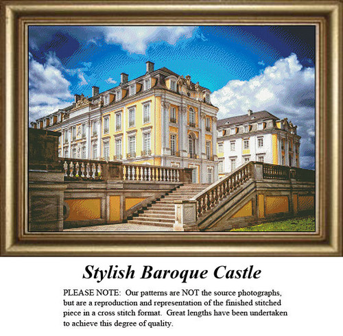A grand baroque castle with a yellow facade and dramatic stairway, illustrated in this printable pattern, under vivid blue skies and fluffy clouds.