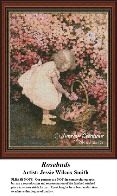 A little girl bends down to gather fallen roses in a basket, surrounded by blooming rose bushes in this BAP cross stitch by Jessie Wilcox Smith.