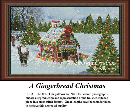 Santa in hiking boots walks through the snow near a gingerbread cottage, surrounded by Christmas trees in this counted cross stitch design.