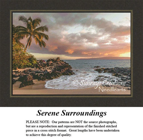 A serene beach scene at sunset with waves lapping the shore and a palm tree swaying gently, available as a downloadable pattern.