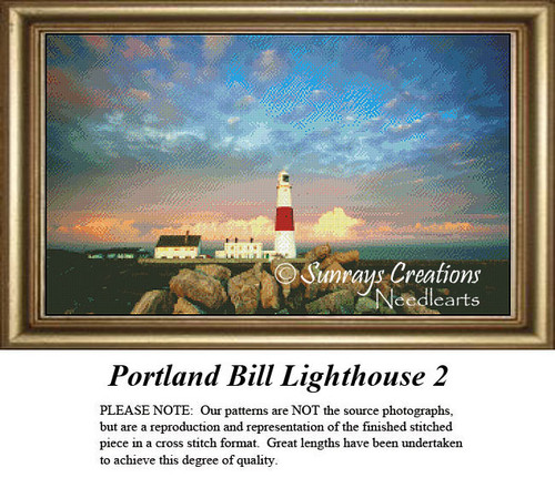 A red and white lighthouse stands against a backdrop of blue skies and fluffy clouds, near calm ocean waters, perfect for a cross stitch project.