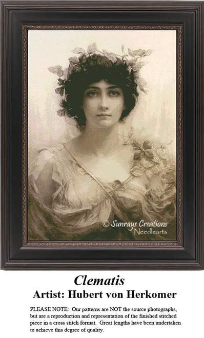 A woman with dark hair and a leaf crown gazes thoughtfully, designed as a counted cross stitch pattern by Hubert von Herkomer, yours as a counted.