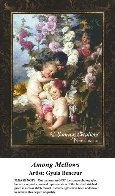 Cherubs play among a lush array of flowers in this counted cross stitch pattern by Gyula Benczur, offered by Sunrays Creations.