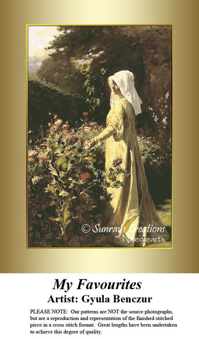 A woman in a white dress stands in a lush garden, surrounded by vibrant flowers, captured in this counted cross stitch design by Gyula Benczur.