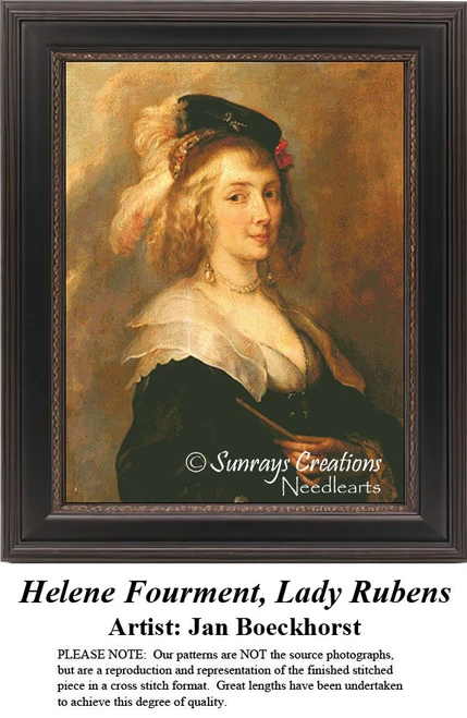 A lady in a black velvet gown and white collar poses elegantly, framed and designed as a cross stitch kit from Jan Boeckhorst's portrait.