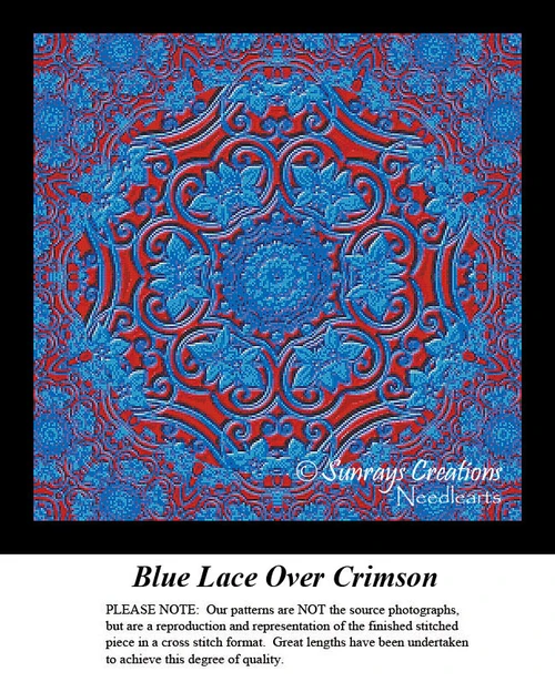 A vibrant cross stitch design featuring a lacy blue pattern overlaying a rich crimson background, perfect for your next project with DMC floss.