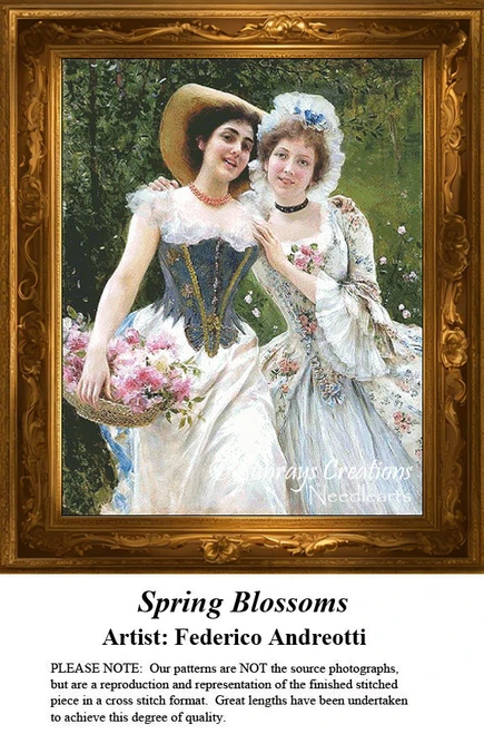 Two young women gather spring blossoms outdoors, smiling and enjoying nature, available as a counted cross stitch pattern.