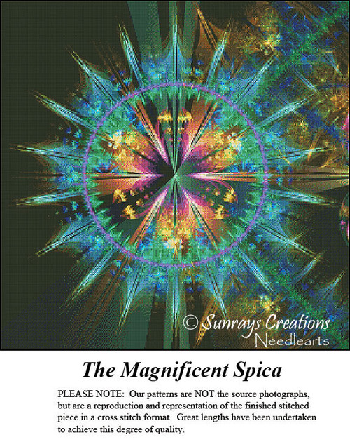 A vibrant sphere surrounded by crystalline spikes in blue and violet hues, with a deep forest green, gold, and mauve core, offered as a digital file.