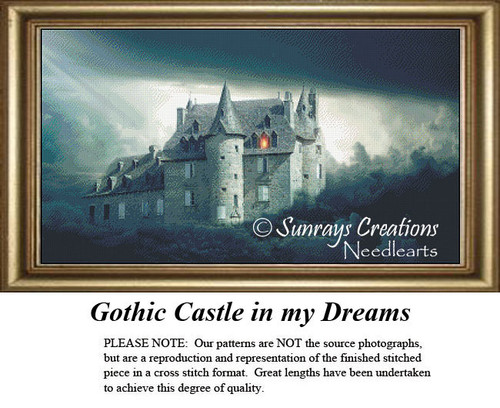 A large counted cross stitch pattern shows a large castle in the distance with a faint greenish light above and a lit window, by Sunrays Creations.