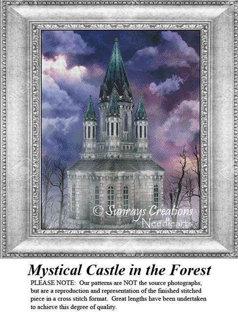 A castle in gray tones stands under a swirling jewel-toned sky, surrounded by barren trees, ideal for a fantasy cross stitch project.
