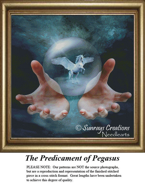 A pair of hands holds a bubble containing a white Pegasus, represented as a BAP cross stitch pattern, with a dark, expansive background.