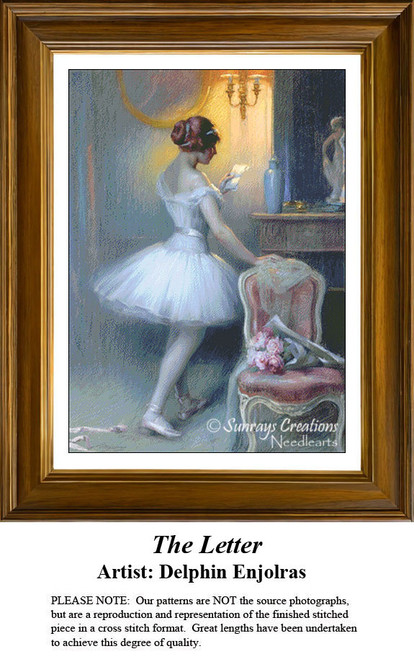 A ballerina in a white tutu reads a letter in soft light, captured as a counted cross stitch pattern by artist Delphin Enjolras.