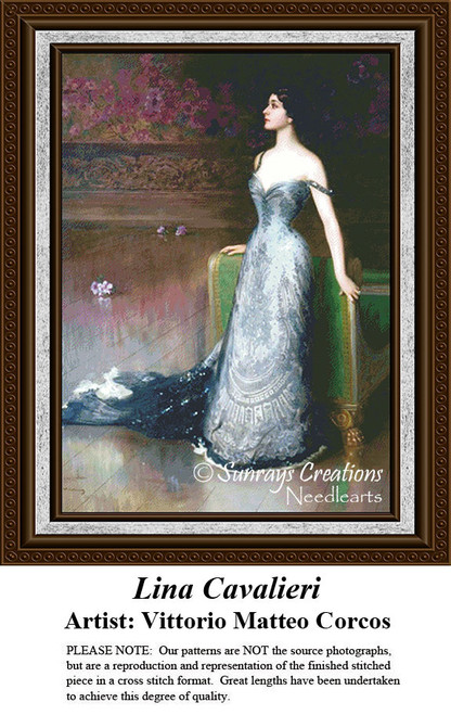 A woman in a flowing gown leans against a chair, brought to life as a counted cross stitch pattern, perfect for your next cross stitch project.