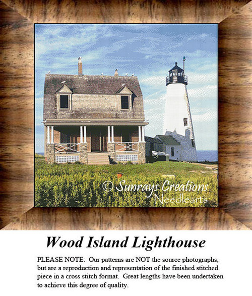 A lighthouse stands tall beside a quaint cottage on a grassy hill, depicted in this xstitch pattern titled Wood Island Lighthouse.