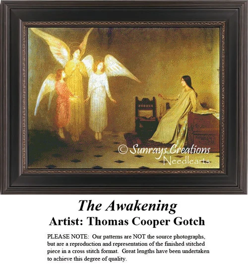 Three angels surround a young woman in her bedroom, evoking spiritual awakening in this large counted cross stitch design by Thomas Cooper Gotch.