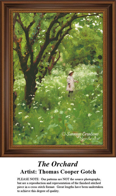 A little girl stands among tall grasses in an orchard beneath a large tree, stitched as a counted cross stitch pattern by Thomas Cooper Gotch.