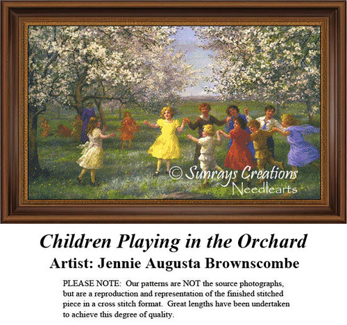Children in colorful attire play in a circle, surrounded by blossoms, reimagined as a counted cross stitch pattern.