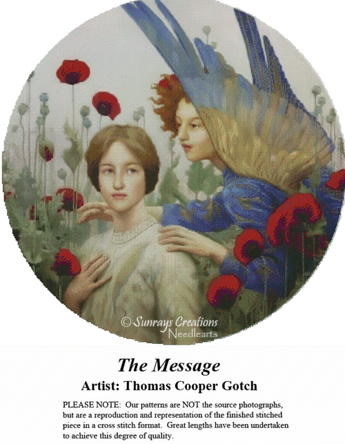 A woman with short hair looks thoughtfully at an angel, surrounded by red poppies in this counted cross stitch chart by Thomas Cooper Gotch.