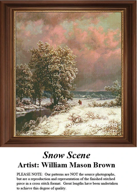A winter landscape with a path winding through snow-covered trees, rendered as an xstitch chart from a painting by William Mason Brown.