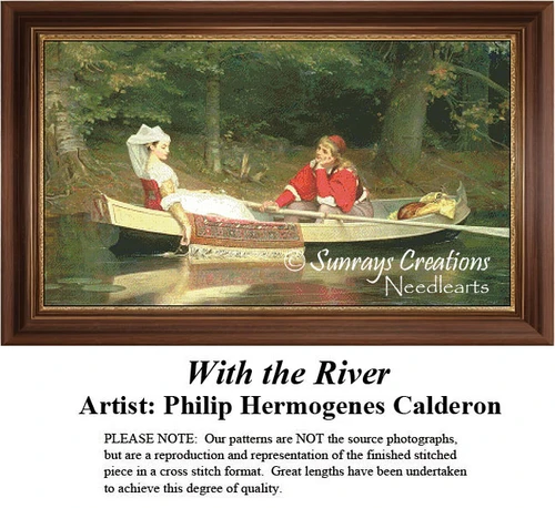 A couple relaxing in a boat by a serene river, designed as a PDF chart from the painting "With the River" by Philip Hermogenes Calderon.