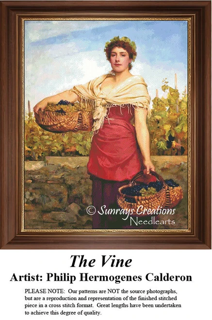A young woman stands in a vineyard, holding baskets of grapes, frozen in time as a counted cross stitch pattern by Philip Hermogenes Calderon.