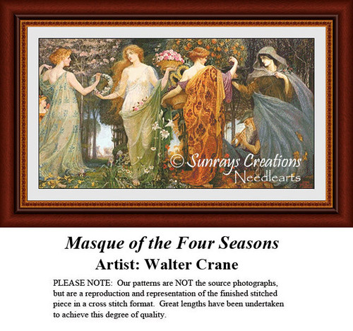 A representation of the four seasons embodied by women amidst floral elements, adapted from a painting by Walter Crane in a digital file format.