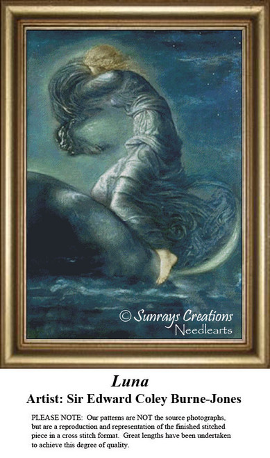 A serene woman with flowing hair rides the moon, her face partially obscured, offered as a counted cross stitch pattern by Sir Edward Coley.