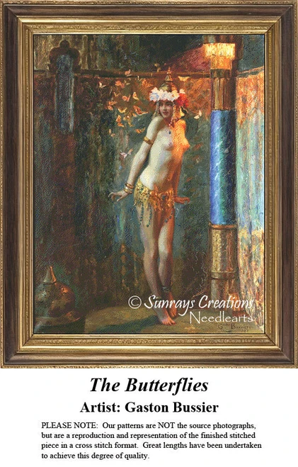 A young woman dances among floating butterflies in vibrant colors, translated into a counted cross stitch design by Gaston Bussiere.