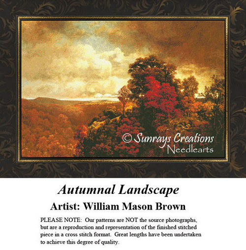 An autumn landscape with vibrant trees illuminated by a golden sunset, designed as a cross stitch design by artist William Mason Brown.