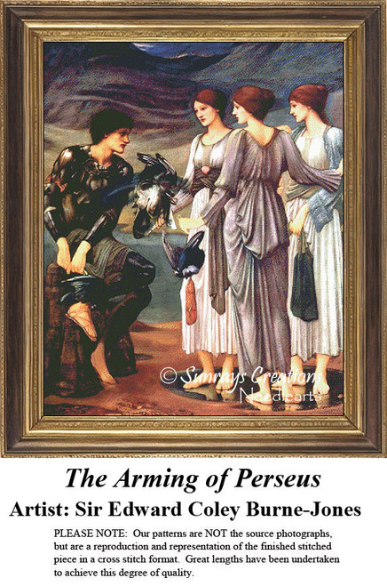 A man in armor surrounded by sea nymphs, preparing for battle, as shown in this xstitch chart by Sir Edward Coley Burne-Jones.