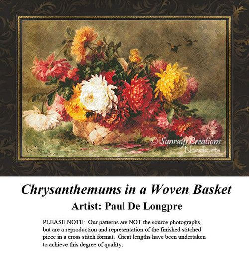Fine Art Cross Stitch Pattern | Chrysanthemums in a Woven Basket