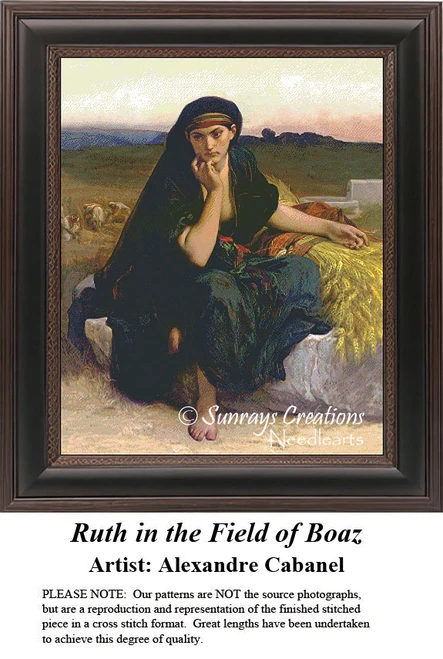 A woman sits thoughtfully in a field, dressed in traditional attire, offered as a counted cross stitch pattern by Alexandre Cabanel.
