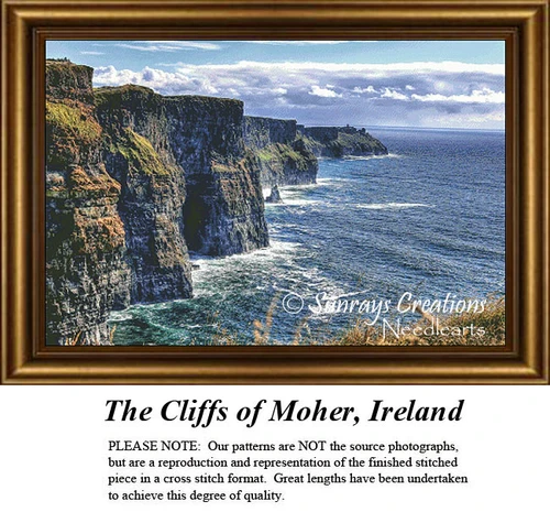 A scenic view of the Cliffs of Moher, with rugged cliffs dropping into a vibrant blue ocean, shown as a cross stitch chart.