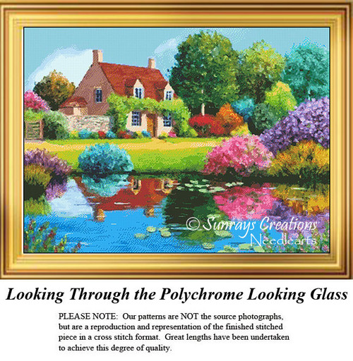 A colorful landscape with a cozy cottage, vibrant flowers, and a tranquil pond, designed as a xstitch pattern for cross stitch enthusiasts.