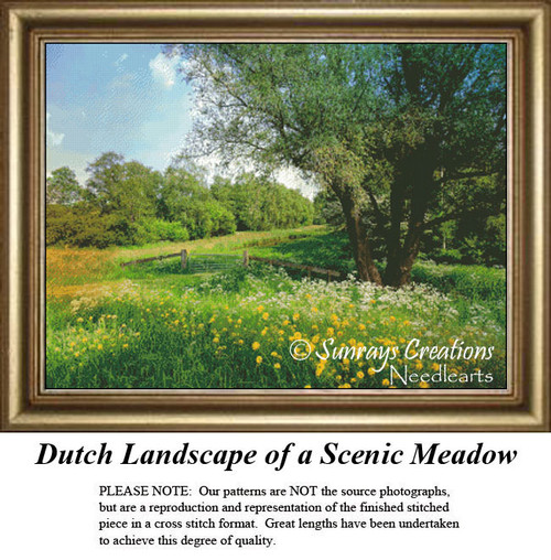 A serene meadow scene with bright yellow and white flowers under a blue sky, designed as an xstitch kit for a calming landscape project.