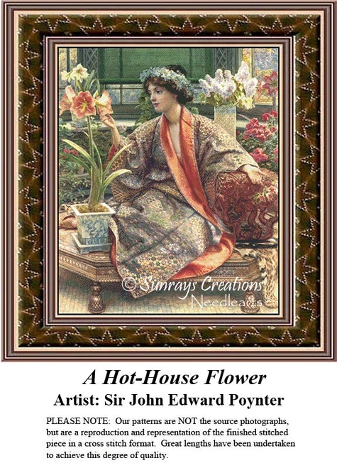 A woman in ornate attire admires an amaryllis amid vibrant flowers, captured as a digital file from Sir John Edward Poynter's artwork.