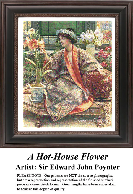 A woman in ornate attire admires an amaryllis amid vibrant flowers, captured as a digital file from Sir Edward John  Poynter's artwork.