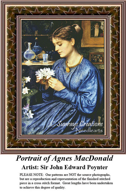 A woman in a blue dress holds white flowers in her hands, surrounded by more blooms, as seen in this downloadable pattern by Sir John Edward Poynter.