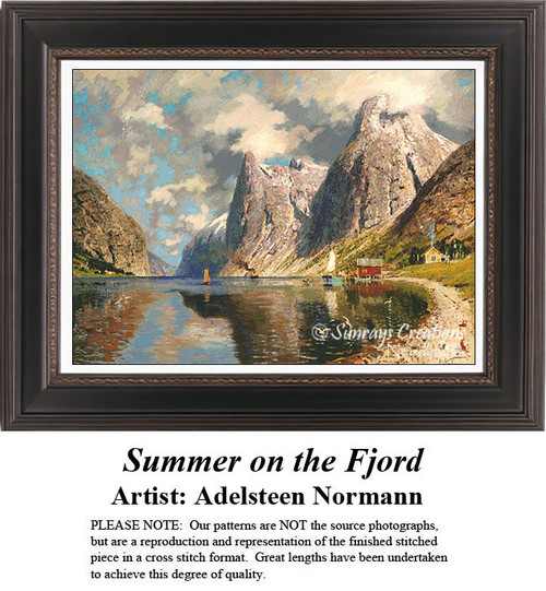 A serene fjord surrounded by towering mountains and a small boat is translated into a counted cross stitch design by Adelsteen Normann.
